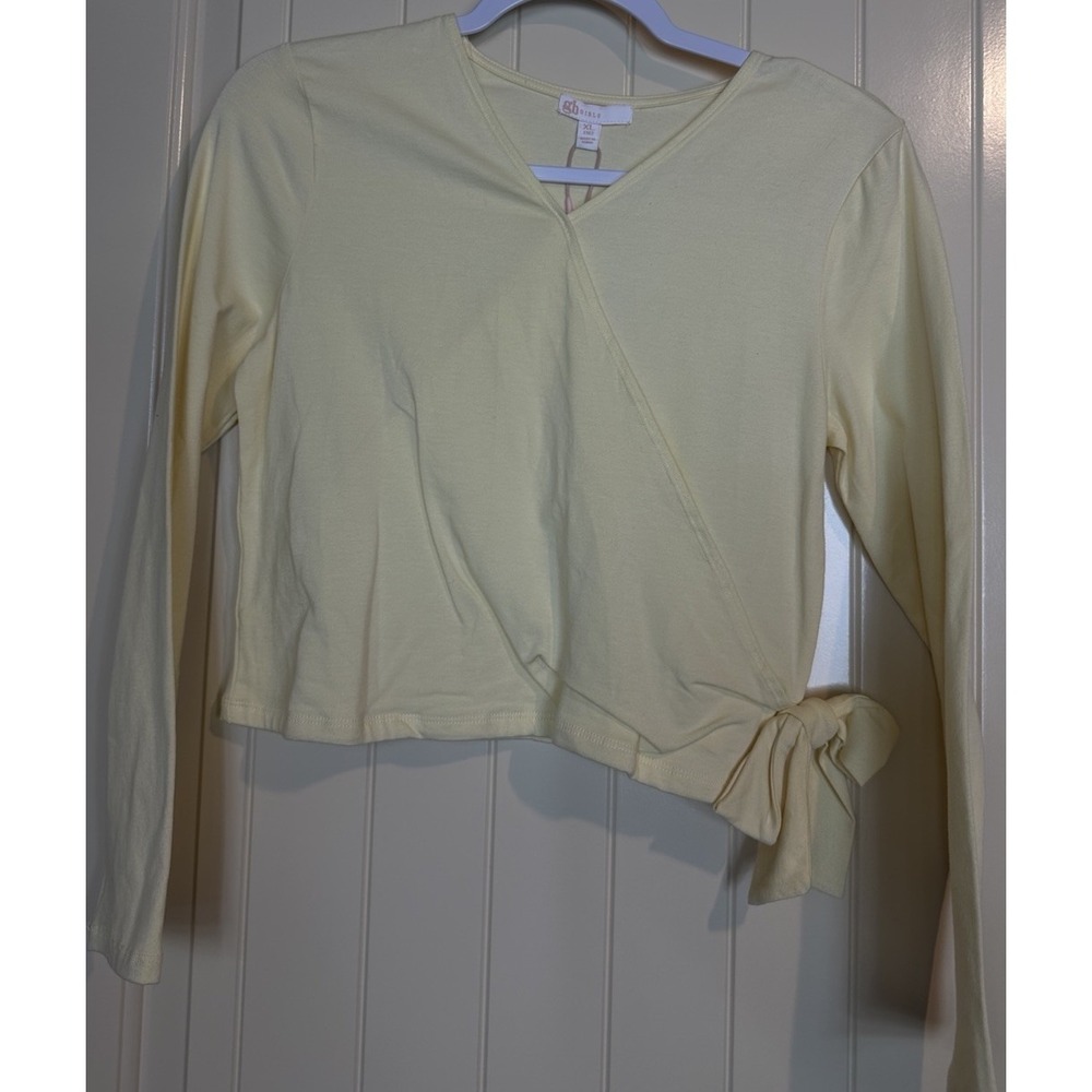 GB Girls V-neck Faux Wrap Tie front Long Sleeve Top shirt XL Yellow NWT cotton
